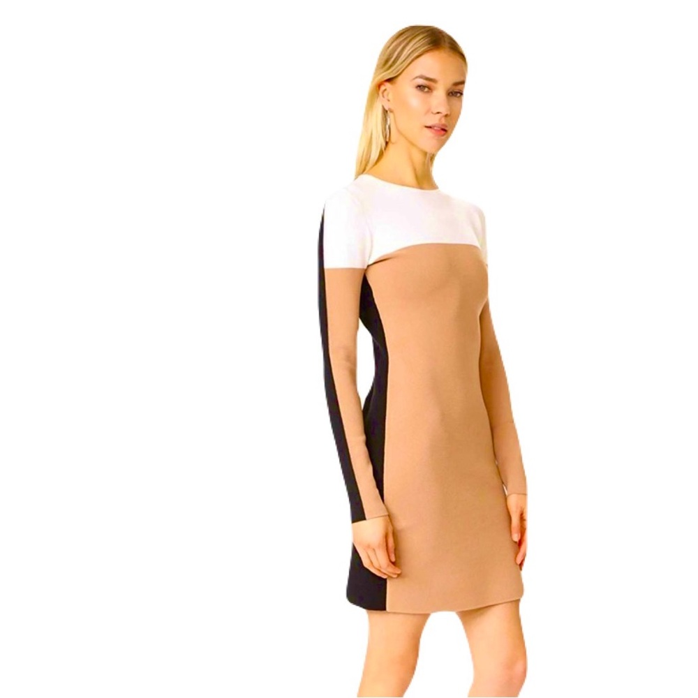 Diane Von Furstenberg Cream, Tan, & Black Long-Sleeve Colorblock Dress